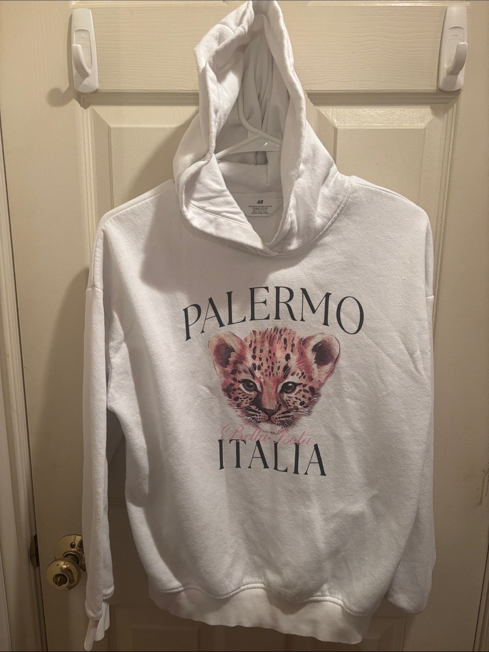 H&M White Hoodie with Pink Leopard Graphic Palermo Italia
